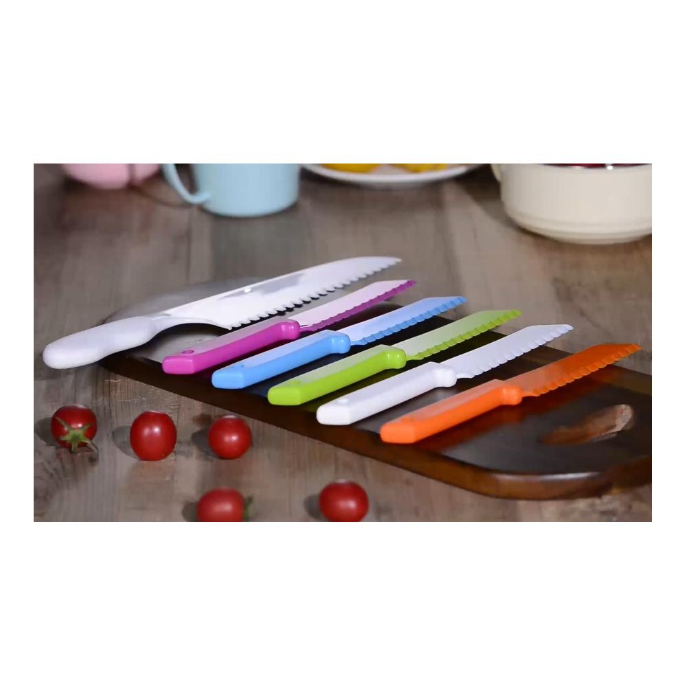 Entdecken Sie das ONUPGO 4-teilige Küchenmesserset - Perfekte Klingenschärfe für müheloses Schneiden von Obst Brot Kuchen und Salat - Kinderfreundliche Nylonmesser mit gezackten Kanten - Ideales Kunststoffmesser-Set für sicheres Kochen und Schnippeln in der Küche