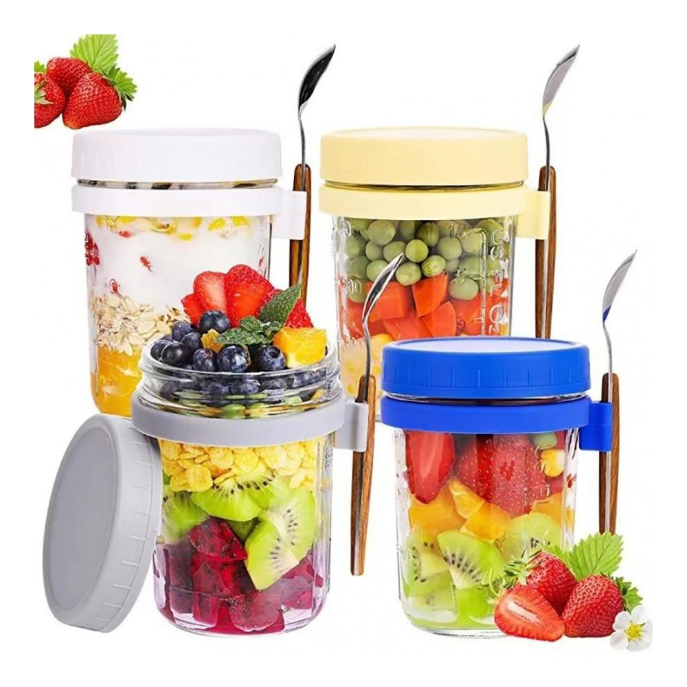 4er Set luftdichte Glasbehälter 350ml - Ideal für Overnight Hafer Salate & mehr! Wiederverwendbar & tragbar - Mit Messmarkierungen & Deckel für Frische - Lebensmittelaufbewahrung für Unterwegs