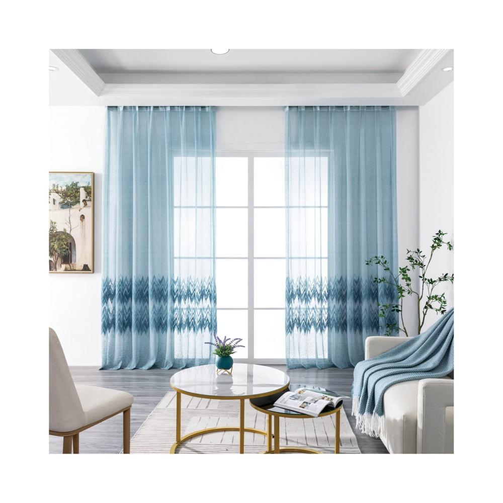 Kinderzimmer Vorhänge Set Halbtransparente Gardinenschals 86x214CM mit Blau-Wellen-Motiv. Stilvolle Ösen-Vorhänge für Wohnzimmer und mehr