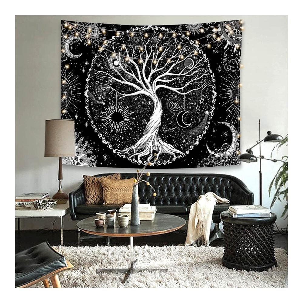 Ätherisches DÉCOCO Baum des Lebens Galaxie Wandteppich – Ästhetische Wohnaccessoires & Deko für Schlafzimmer – Schwarz-Weiß Wandbehang (180x230 cm