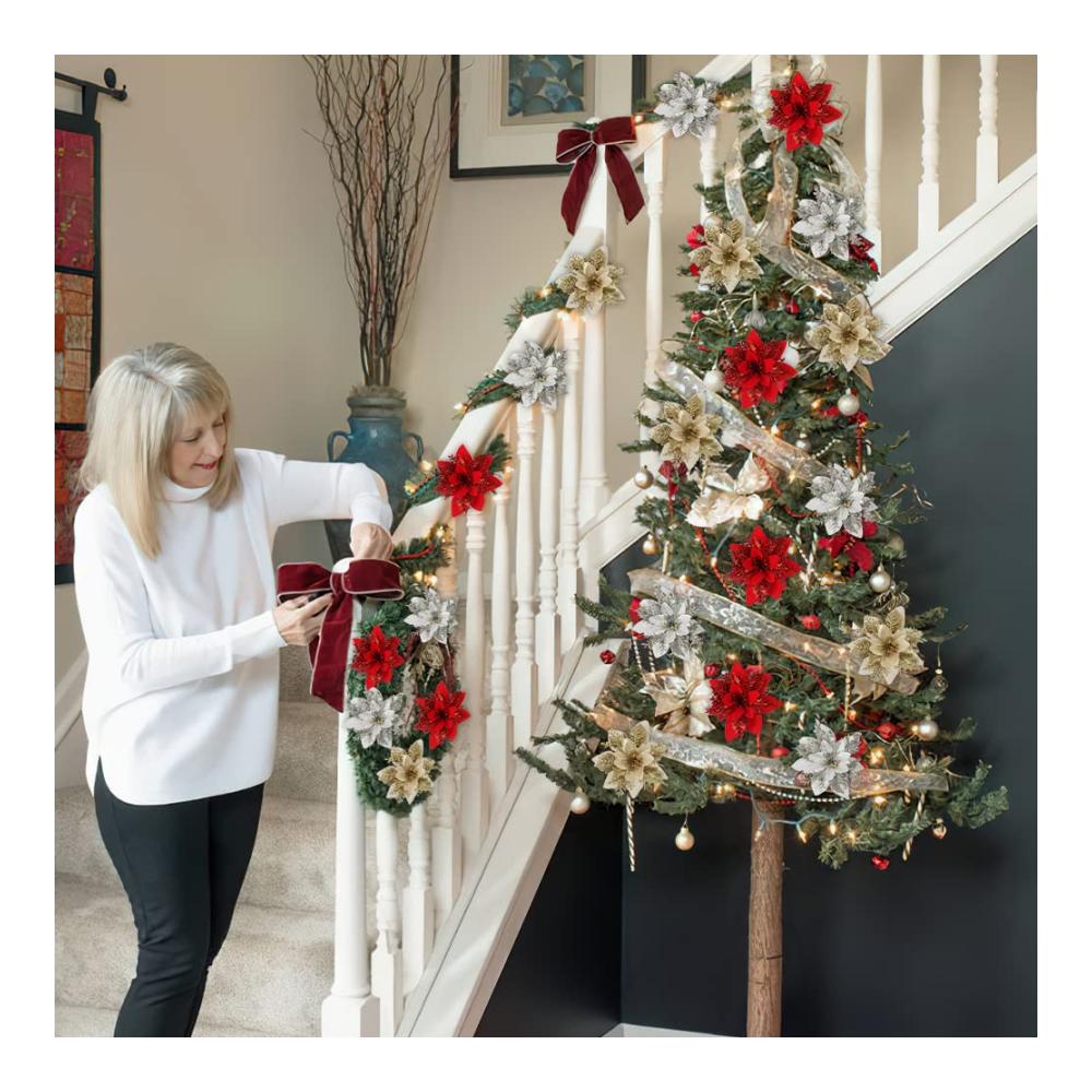 Blütenpracht im Glanz Weihnachtsblumen Set mit 15 Stück 14 * 14CM in Gold Silber & Rot - Perfekte künstliche Blumen für Weihnachten Hochzeiten Garten & Partydekorationen