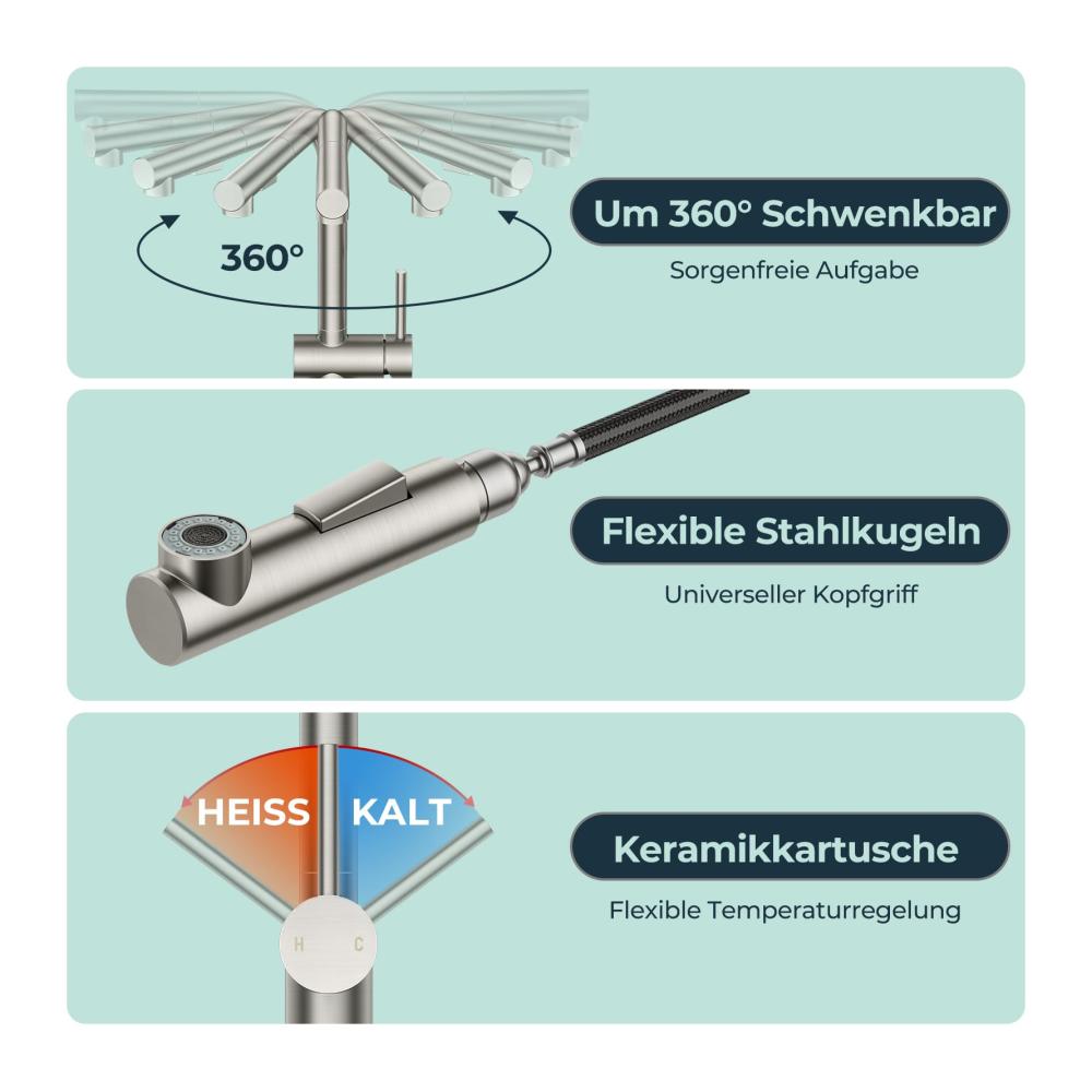 Wasserhahnfilter für Küchenwaschbecken | Edelstahl Armatur mit herausziehbarer Brause | 360° drehbarer Einhandgriff | Sauberes Wasser leicht gemacht