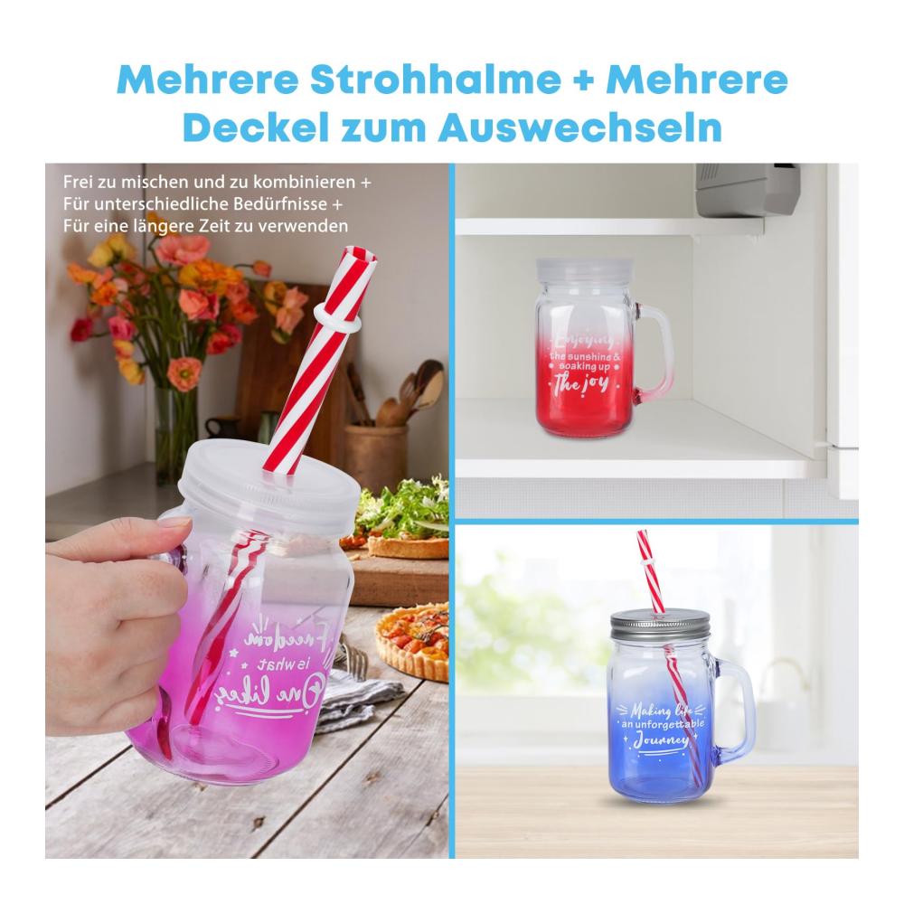 Genießen Sie stilvoll 6er Set Einmachgläser mit Deckel und Strohhalm - 450ml Mason Jar Gläser in buntem Design für erfrischende Getränke köstliche Marmeladen und praktische Haferflockenlagerung. Entdecken Sie vielseitige Nutzung und Qualität für Ihren Alltag