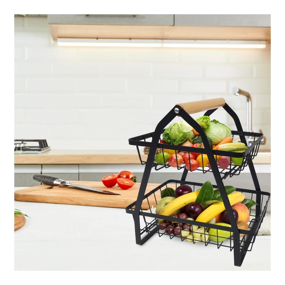 Hochwertige Obst Etagere 2-stöckiger Metall Obstkorb mit abnehmbaren Körben und Holzgriffen – Perfekt für Obst Gemüse und Brot – Stilvoll und praktisch (27 x 17 x