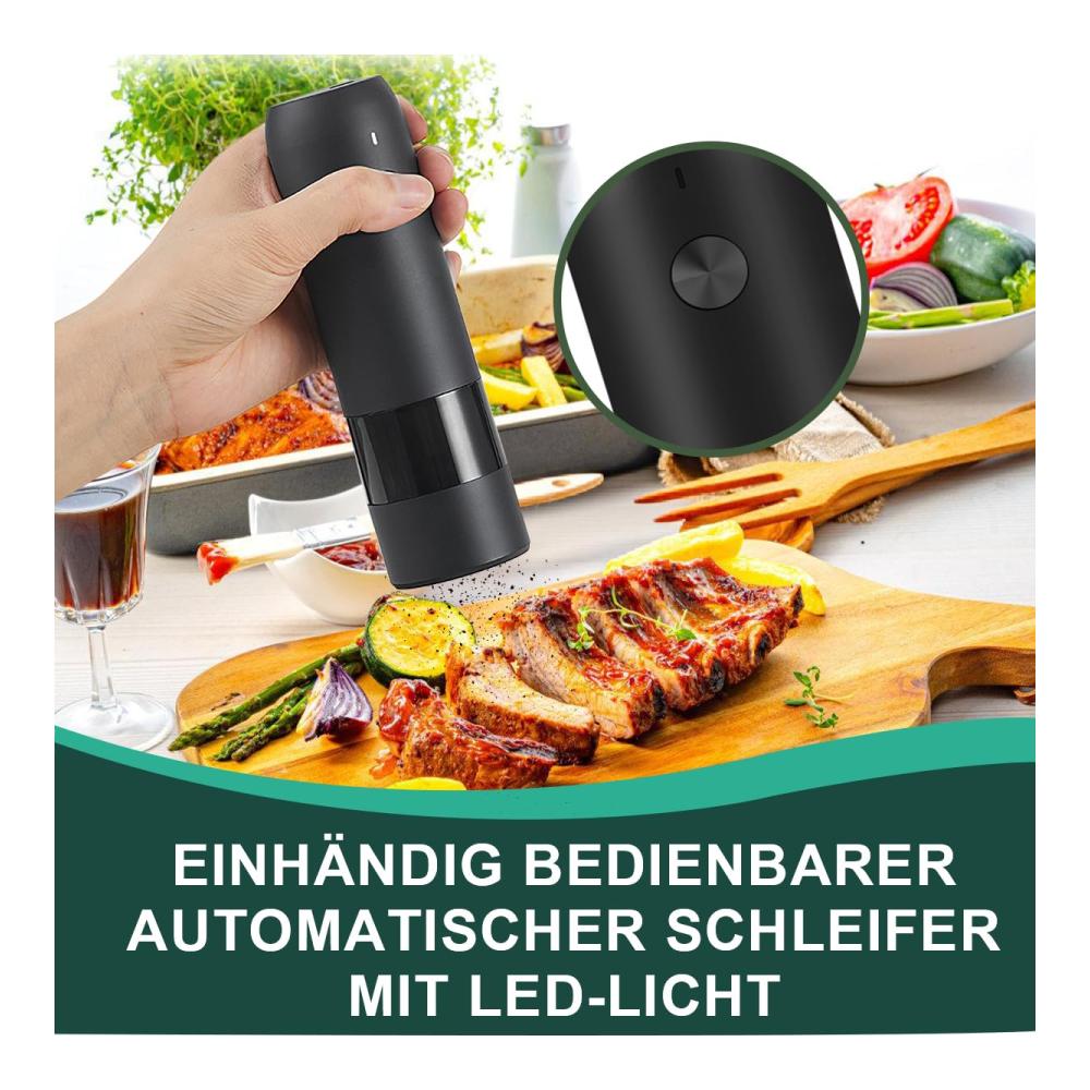 Braoses Elektrische Pfeffermühlen Set USB Aufladbar - Automatischer Betrieb LED-Licht Einhandbedienung - Keramikmahlwerk Verstellbare Grobkörnigkeit - Modernes Design für Küche und Tisch