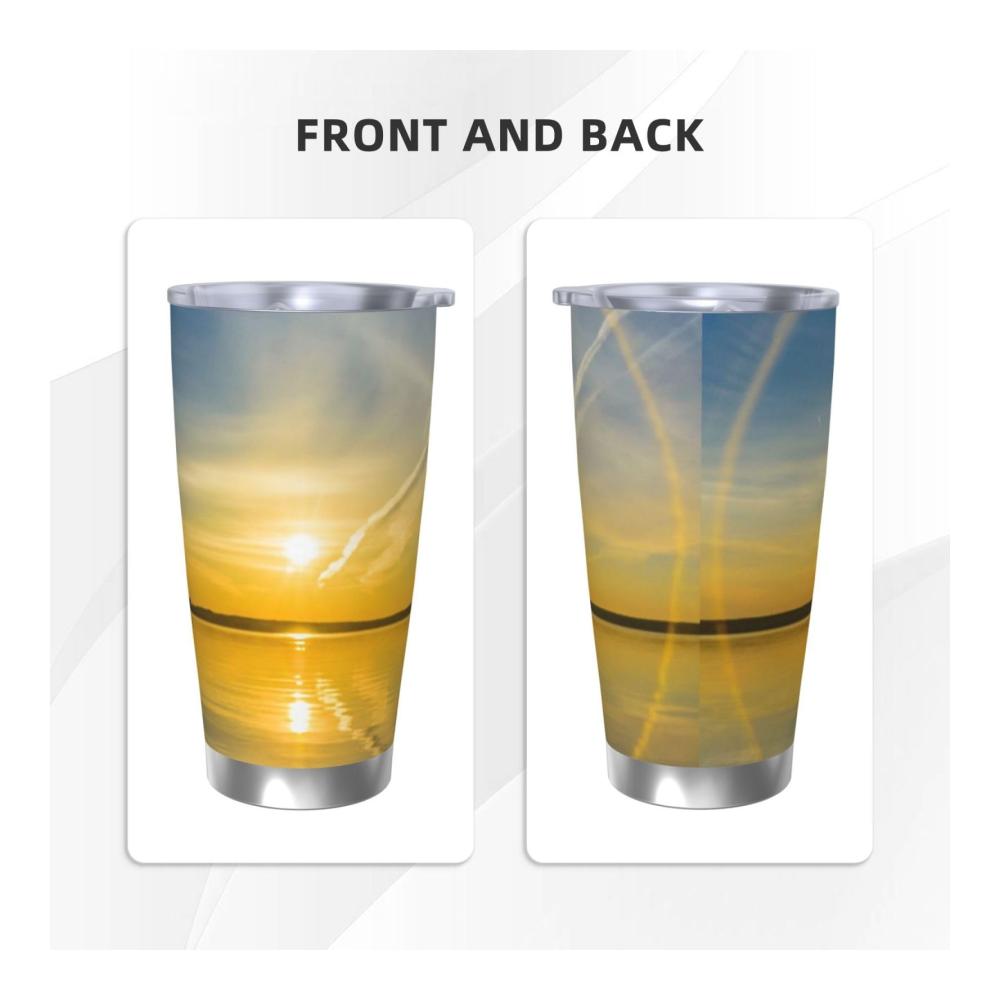 Doppelwandiger Edelstahlbecher 20oz | Isolierter Reisebecher mit Deckel & Strohhalm | Perfekt für heiße & kalte Getränke unterwegs | Wiederverwendbarer Becher für Autohalter | Sonnenaufgangs-Horizont Design | Ideal für Tassen & Becher Liebhaber