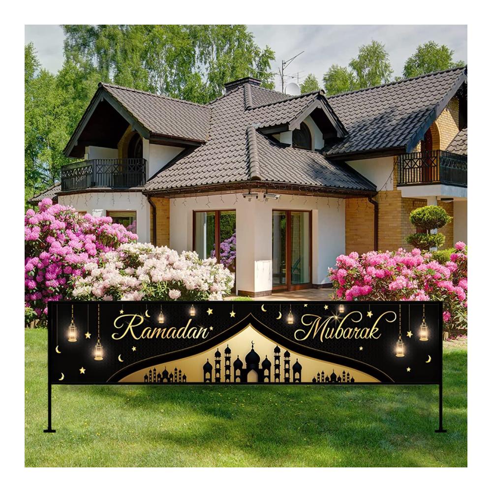 Ramadan Mubarak Dekorationen - Großes 300 x 50 cm Stoffbanner mit muslimischem Ramadan Kareem & Eid Mubarak Motiv - Schwarz & Gold - Perfektes Partyzubehör für Fotokabinen & Hofzaun-Dekorationen