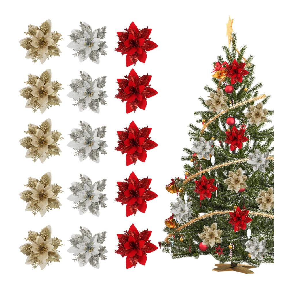 Blütenpracht im Glanz Weihnachtsblumen Set mit 15 Stück 14 * 14CM in Gold Silber & Rot - Perfekte künstliche Blumen für Weihnachten Hochzeiten Garten & Partydekorationen
