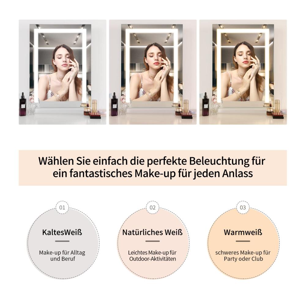 LED Tischspiegel mit USB-Ladefunktion | 43x61cm Schminkspiegel für Große | Touch-Steuerung & 3 Lichtfarben | Makeup-Spiegel Hochkant für Perfektes Styling | Weiß