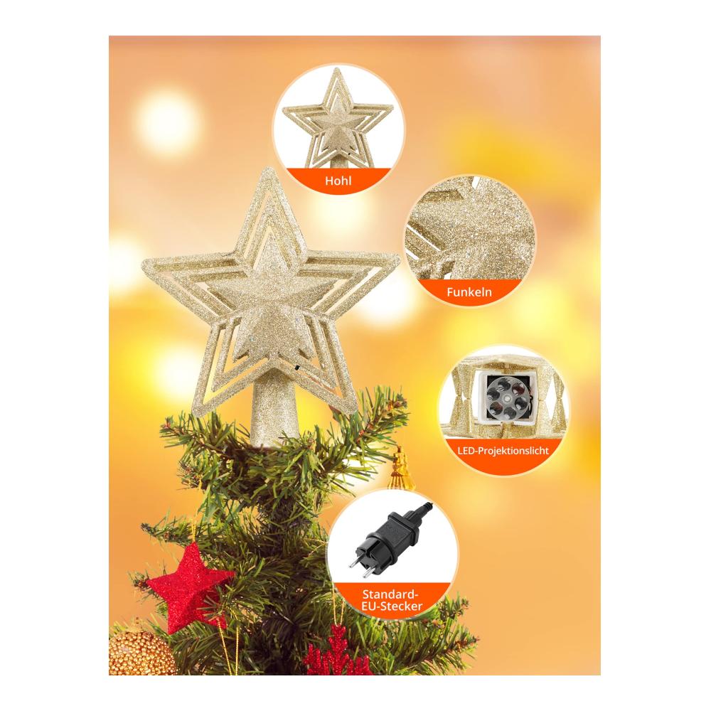 Erleuchten Sie Ihre Weihnachtszeit mit einem Stern! Goldener LED-Schneeflocken-Projektor für den Weihnachtsbaum. Top Spitzenqualität 180° drehbare Musterprojektion. Perfekter Christbaumspitze Weihnachtsschmuck