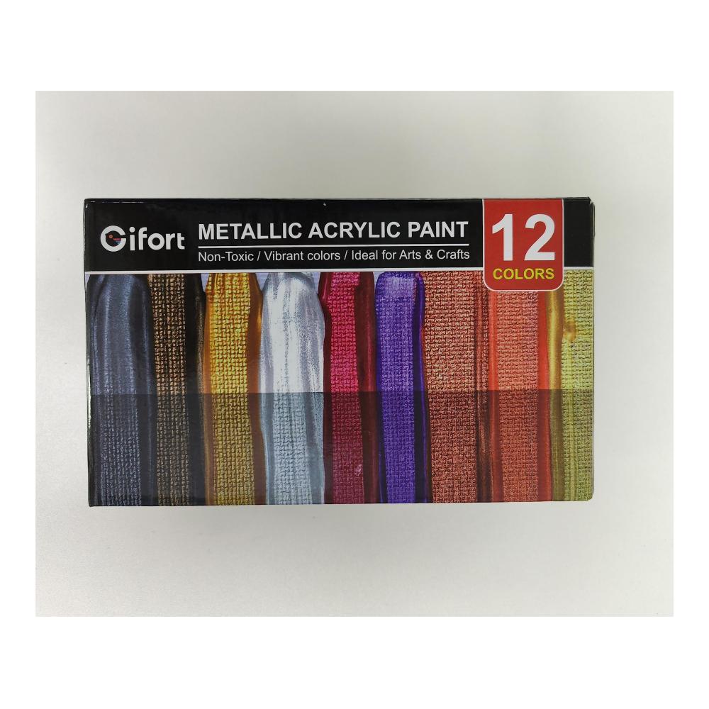 Entdecken Sie die Brillanz der Gifort Metallische Acrylfarben! 12 schillernde Farben (60 ml) mit 3 hochwertigen Pinseln - Ideal für Felsmalereien Leinwand Holz und Keramik. Hochpigmentiert und ungiftig perfekt für Künstler und Anfänger. Verleihen Sie Ihren Kunstwerken einen metallischen Glanz