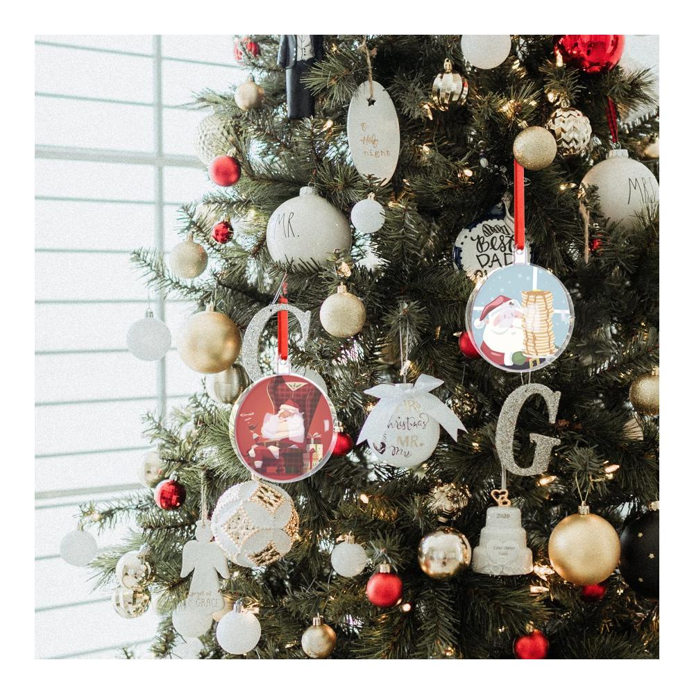 10 Stück Weihnachtlicher Baumschmuck Anhänger | Doppelseitig Personalisierbar MDF Sublimationsdruck | Transparente Kugel | Blanko Weiße Deko (2024