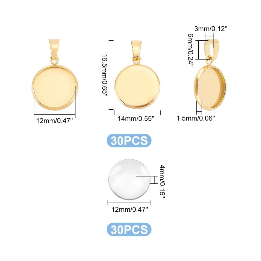 Entdecken Sie Kreativität 30 Edelstahl Rohling Kuppelanhänger im Goldenen DIY Schmuckherstellungs-Set - Flache Runde Formen mit Glatten Rändern und Einfassungsbechern. Inklusive Glas Cabochons und Tabletts für individuelle Foto Anhänger. Perfekt für einzigartigen Schmuck
