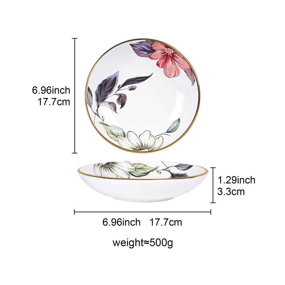 Japanisches Porzellan Salatschüssel-Set | 4er-Pack 500ml Pastateller | Spülmaschinenfestes Geschirr mit Blumen- und Blattmuster | Perfekt für Salate und mehr