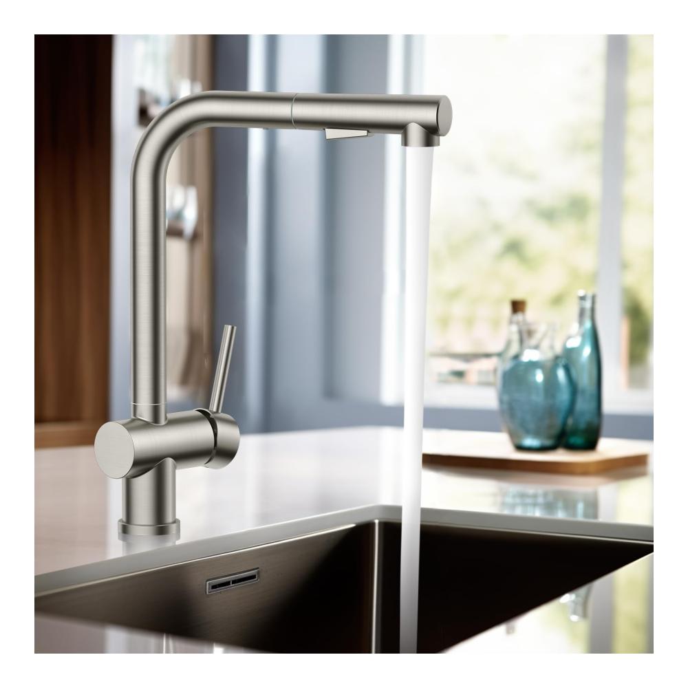 Wasserhahnfilter für Küchenwaschbecken | Edelstahl Armatur mit herausziehbarer Brause | 360° drehbarer Einhandgriff | Sauberes Wasser leicht gemacht