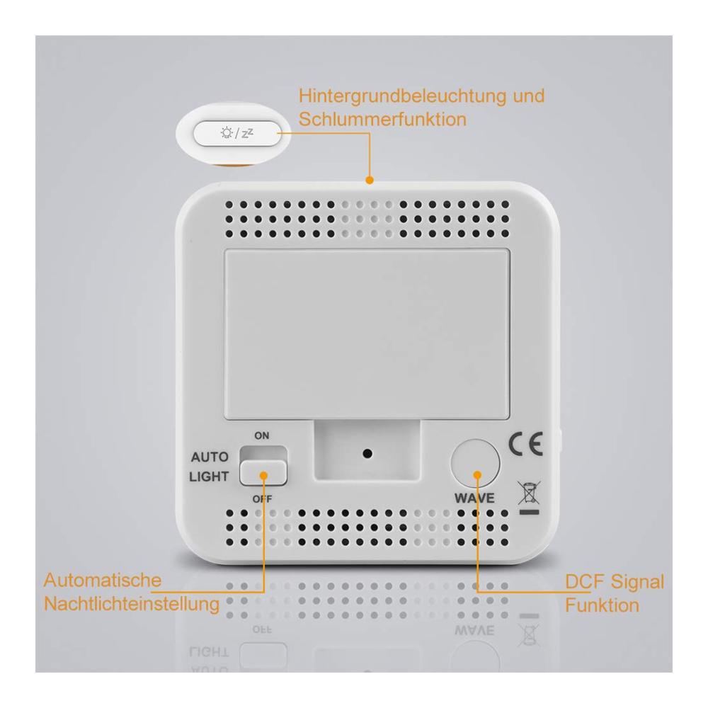 ALLOMN Digitalwecker mit DCF-Funk Temperatur Luftfeuchtigkeit Schlummerfunktion & Hintergrundbeleuchtung - Intelligente Reiseuhr für Tisch & Nachttisch (Holzoptik AA-Batterie