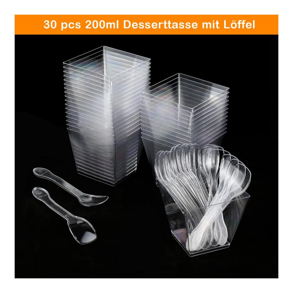 Premium Dessertbecher Set 30 Stück 200ml quadratische Dessertschalen mit Löffeln - Perfekt für Dessertpartys Pudding Mousse & Eis - Wiederverwendbare Kunststoffschalen & Schüsseln