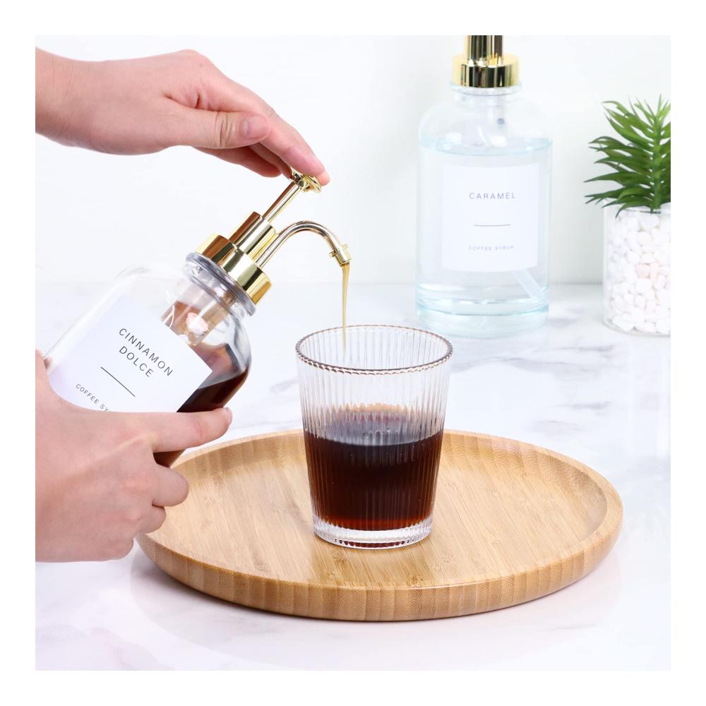 Praktischer Ausgießer für Flaschen Set - Perfekt für Kaffee Sirup Essig und Ölflaschen - Edler Ölspender und Olivenölflasche für die Kaffeebar oder Hausbar - Inklusive 27 Etiketten - 500 ml - 2 Sets