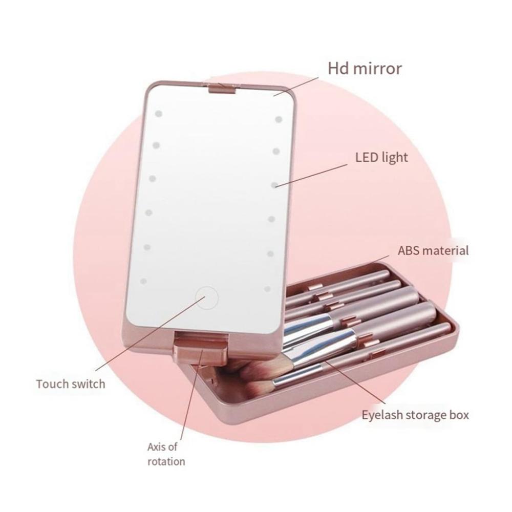 Schminkspiegel mit LED-Beleuchtung und Pinselhalterung - Tragbarer Tischspiegel für Make-up unterwegs - Klappbarer Spiegel mit Aufbewahrungsbox