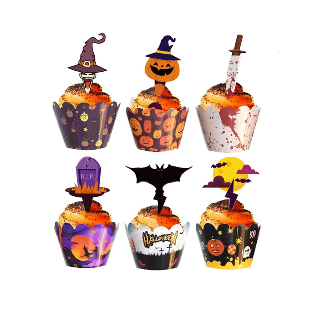 48 Stück Einweg-Backbecher Halloween Cupcake Dekoration Kürbis Spinne Schädel Zauberer Muffin | Handgefertigte DIY Zahnstocher Flaggen für gruselige