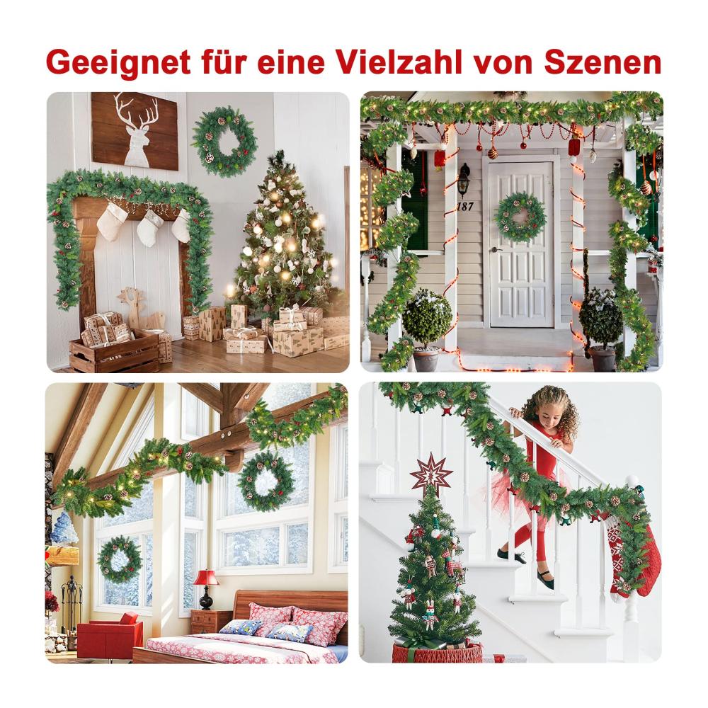 Weihnachtskranz & Tannengirlande Set - Künstliche Tannenzapfen & Rote Beeren - 50cm Durchmesser - Dekorative Weihnachtsdeko für Innen & Außen - Festliche Girlanden & Kränze für Hauswand & Tür