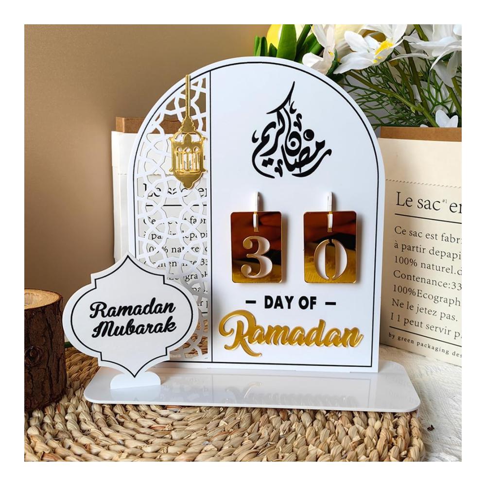 Dekorativer Ramadan-Adventskalender DIY Eid Mubarak Ornament Dekoration 30 Tage bis Eid Muslimische Ramadan-Geschenke für Kinder und Partydekoration (Weißes Acryl