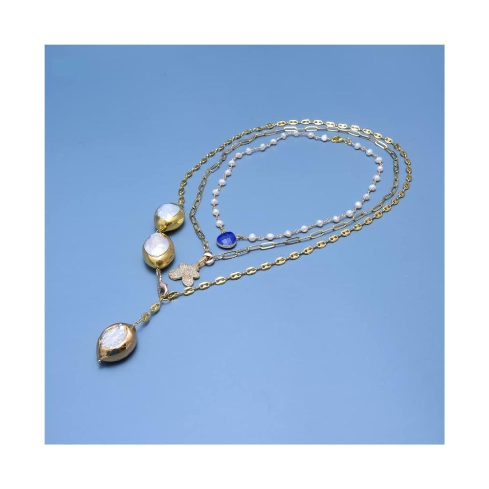 Veredeln Sie Ihren Zimmerbrunnen Schmuck Weiße Keshi-Perlen mit blauem Lapislazuli verziert mit blumigem Charme perfekt für eine Statement-Halskette für Frauen - 17-26 Zoll erfüllt QINTINY