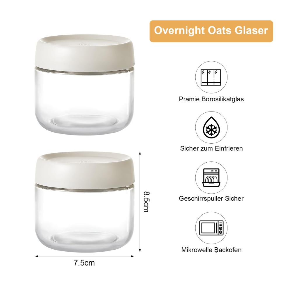 Einmachgläser - HENGBIRD 2er Set 300ml Overnight Oats Glasbehälter mit Luftdichtem Deckel | Vorratsdosen für Frühstück | Klein & Rund | Perfekt für Frische & Lagerung von Lebensmitteln