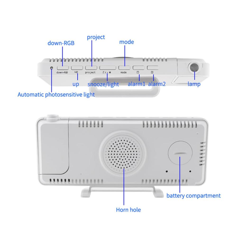 Erweiterter Projektionswecker 18 cm (73 Zoll) LED-Spiegelbildschirm 180° drehbar USB-Port Schlummerfunktion 6 Helligkeitsstufen. Moderne Digitaluhr für den Nach