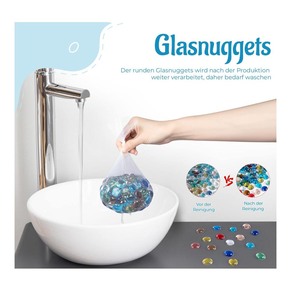 Attraktive Glasnuggets Bunt 900g - Premium Granulate für kreative Dekoideen - Muggelsteine Spielsteine & Mosaiksteine inklusive - Ideal zum Basteln und Verschönern