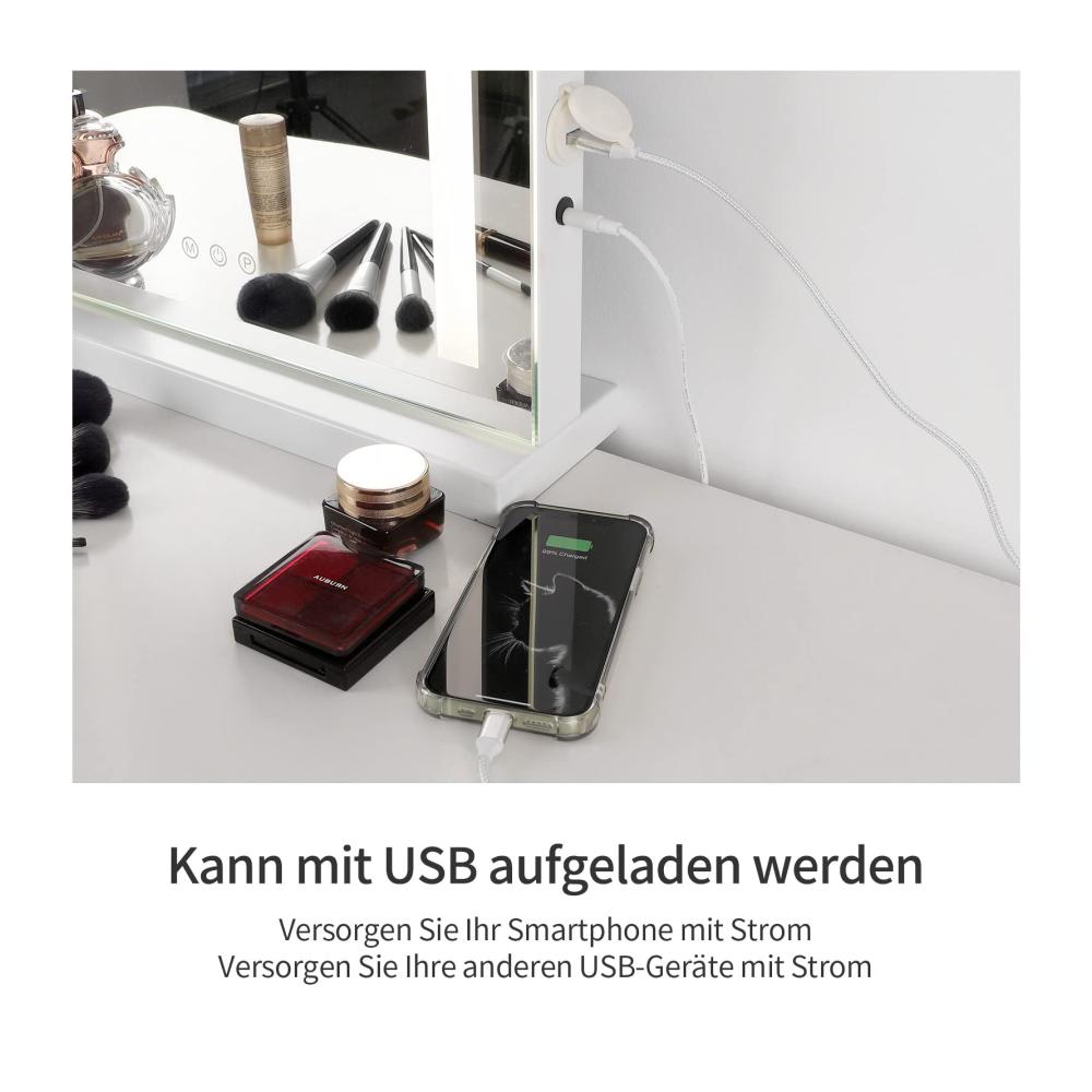 LED Tischspiegel mit USB-Ladefunktion | 43x61cm Schminkspiegel für Große | Touch-Steuerung & 3 Lichtfarben | Makeup-Spiegel Hochkant für Perfektes Styling | Weiß