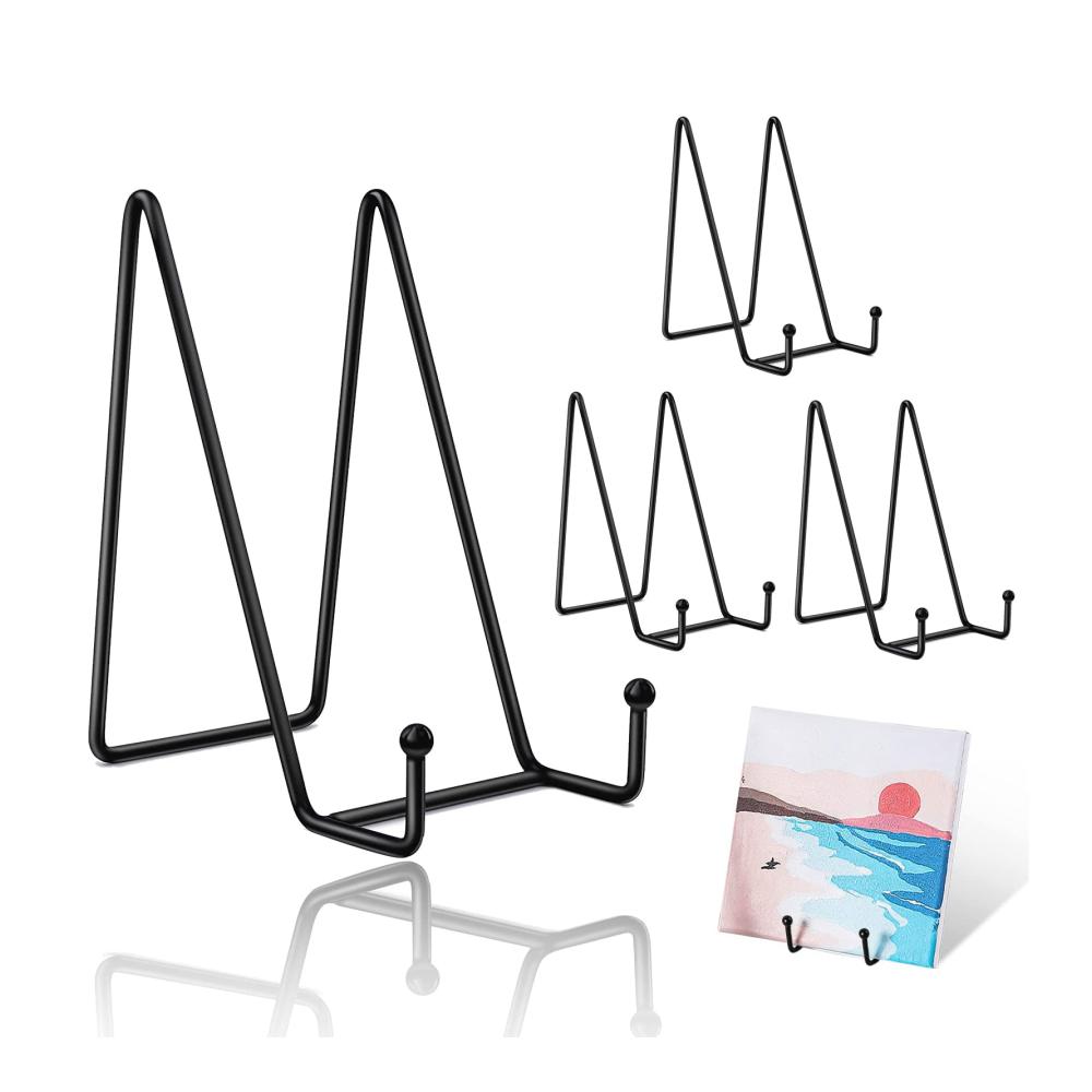 Elegante Staffeleien Set mit 4 stilvollen Eisen-Displayständern für Kunst Fotos und Dekorationen - Schwarze Metall-Bilderrahmenhalter ideal für Bücher Teller und mehr - Stabile Ausstellungsständer für kreative Präsent