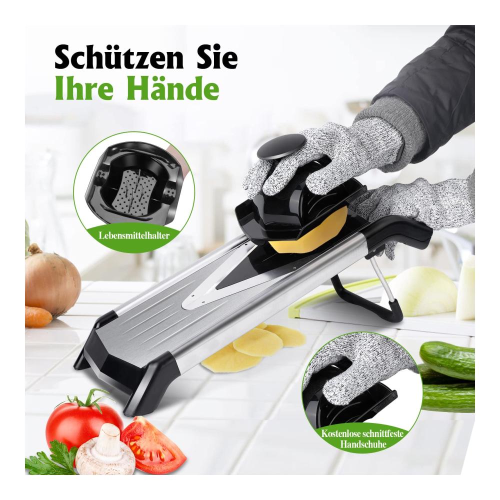 Gemüsehobel Hochwertige Edelstahl-Mandoline mit V-Klinge Julienne-Funktion Handschuhen & Reinigungsbürste - Perfekt für Obst Gemüse &
