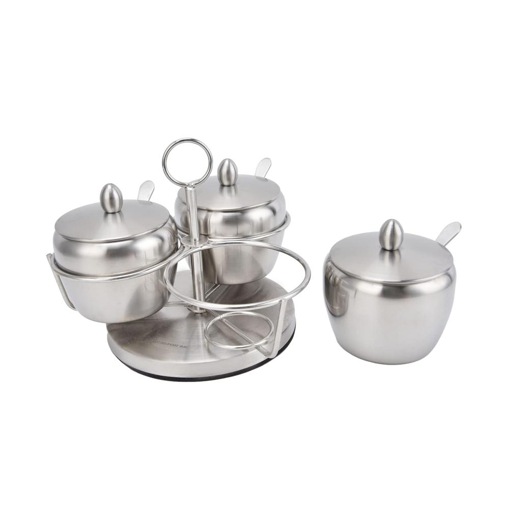 Drehbares Gewürzdosen-Set aus Edelstahl | 3er-Set Gewürzdosen mit praktischem Gestell | Inklusive Deckel und Löffel | Vielseitige Gewürzbehälter für die Küche zu Hause | Attraktive Salz- und Zuckerdose | Stilvolle Aufbewahrungslösung für Dressing- & Gewürzspender