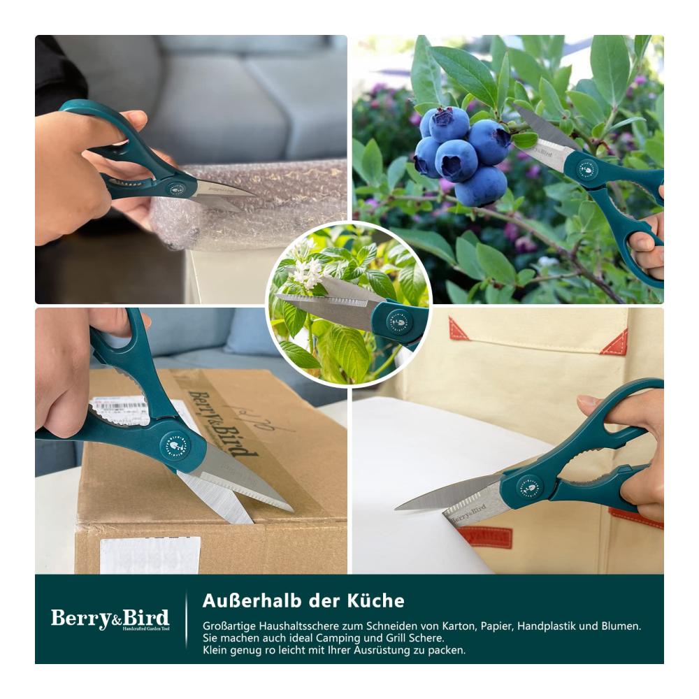 Küchenscheren mit Mikrozahnung | Berry & Bird Allzweckschere 20.2 cm aus rostfreiem Edelstahl | Ideal für Garten & Haushalt | Spülmaschinenfest | Hochwertige Mehrzweckschere