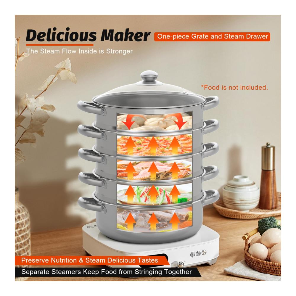 Premium Dampfgarer-Set 5-stöckiger Edelstahl Dampfgarer (30cm) mit Glasdeckel für Topf. Gesundes Kochen leicht gemacht! Perfekt für Gemüse Fisch und mehr. Edelstahldampfer für köstliche Mahlzeiten