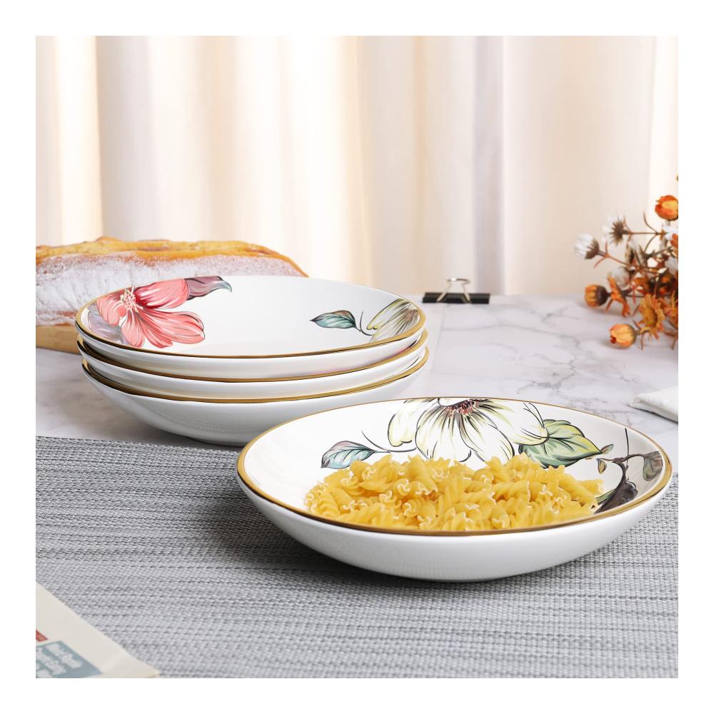 Japanisches Porzellan Salatschüssel-Set | 4er-Pack 500ml Pastateller | Spülmaschinenfestes Geschirr mit Blumen- und Blattmuster | Perfekt für Salate und mehr
