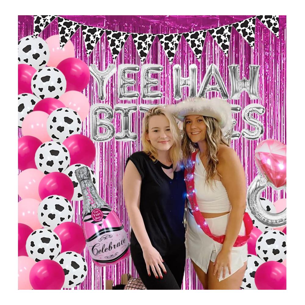 Beeindruckende Western Bachelorette Party Dekorationen - Silber Yeehaw Hündinnen Ballon & Kuh Druck Wimpel Banner - Unverzichtbares Cowgirl Nashville Brautdusche Zubehör-Set