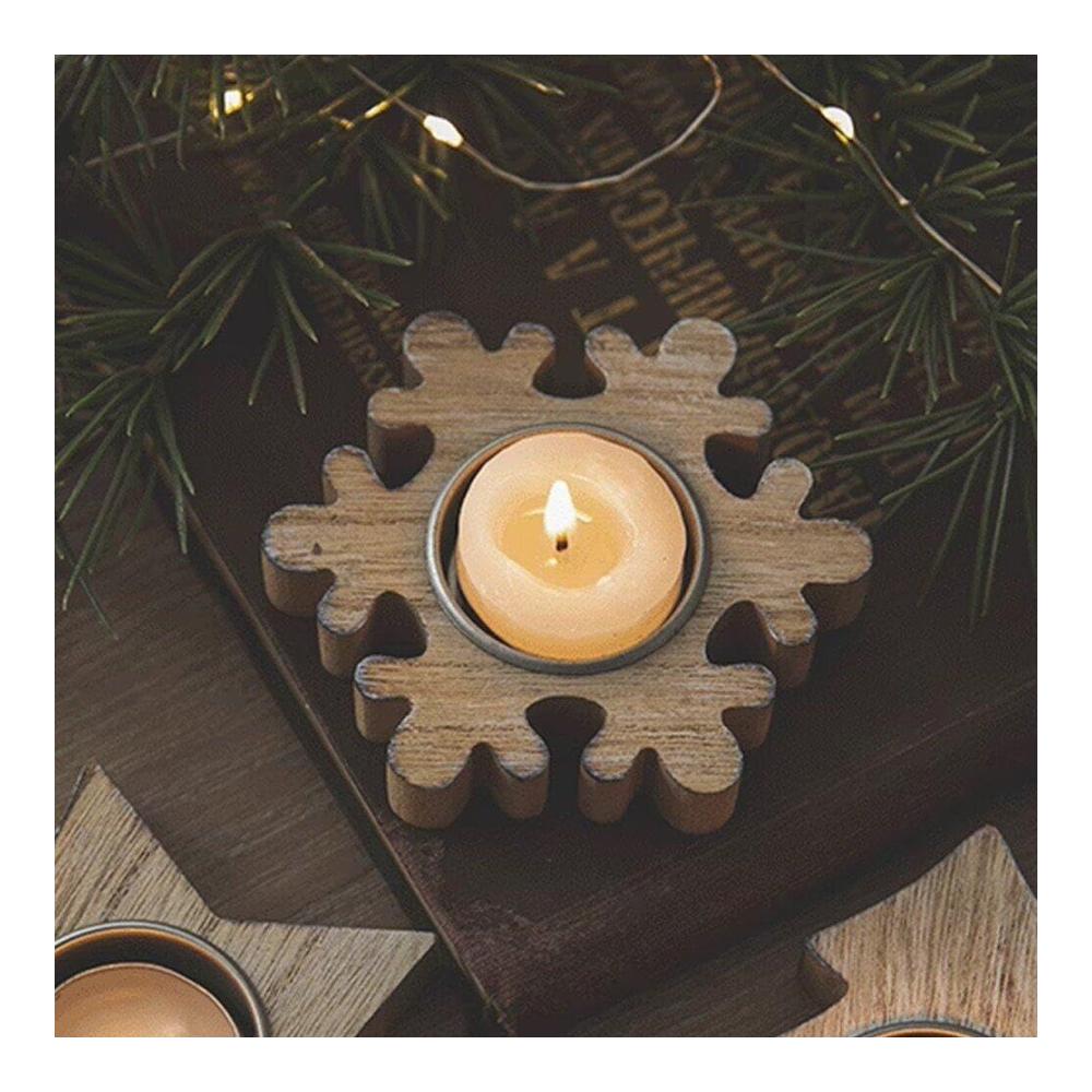 Eleganter Teelichthalter-Set 4 Stk. Weihnachts-Teelichtkerzenhalter aus Holz mit Weihnachtsbaum Schneeflocke und Stern Motiven. Perfekt für Wohnzimmer Esszimmer Hochzeitsfeier & Desktop-Dekor. Ideal für die festliche Stimmung