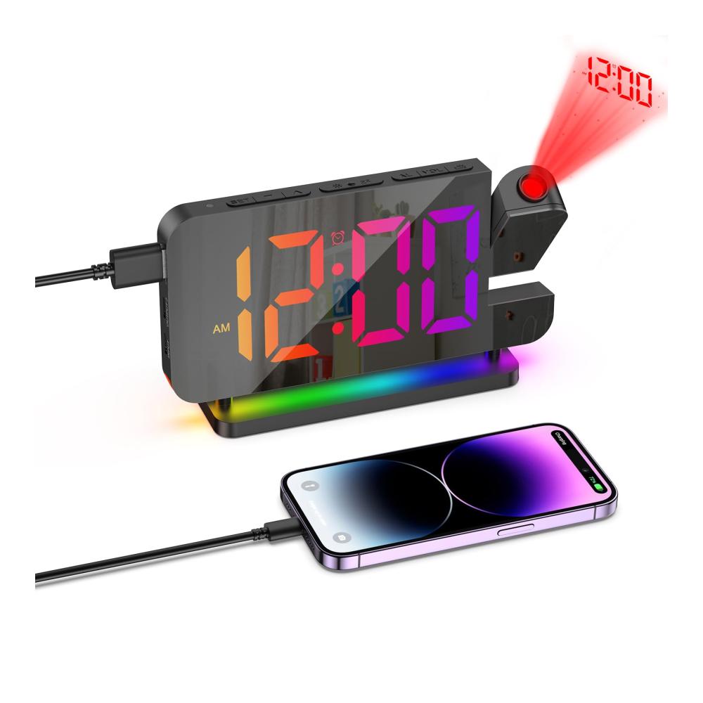 Hightech-Projektionswecker mit 180°-Projektion & 10-Farben-Nachtlicht | Digitale Uhr mit 7 RGB-LEDs | Snooze USB-Ladegerät |