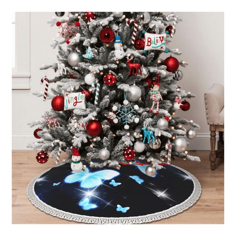 Personalisierte Weihnachtsbaumdecke für drinnen und draußen – Verdickte Weihnachtsbaummatte mit blauem Schmetterlingsmuster – Ideal für Zuhause Partys und Feiertagsdekorationen