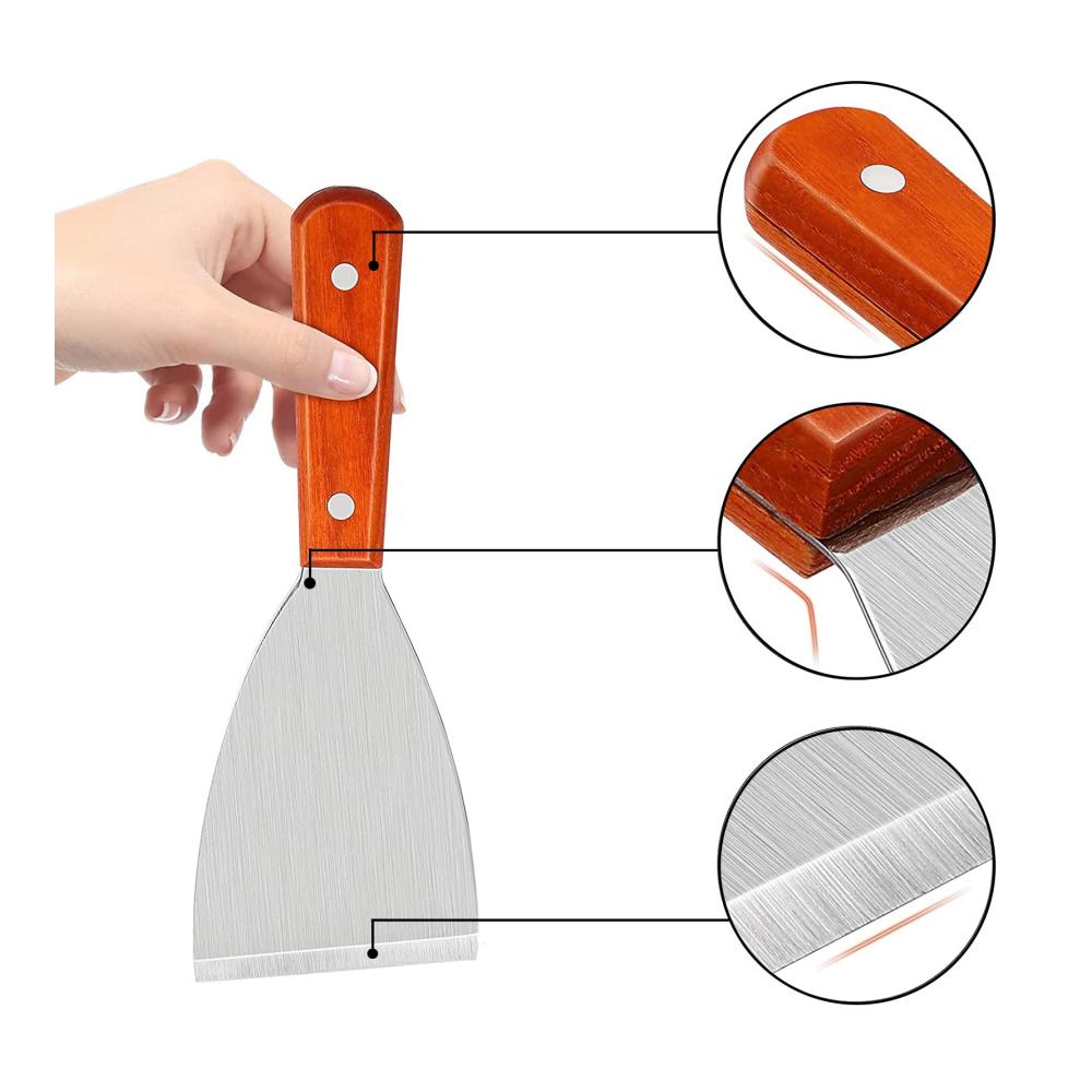 Grillspachtel Set aus Edelstahl - 3-teilig | Robuste Spachtel für Grillen Teppanyaki & Reinigung | Mit Holzgriff und Schaber | Hochwertiges Grillwerkzeug für Profis und Hobbyköche
