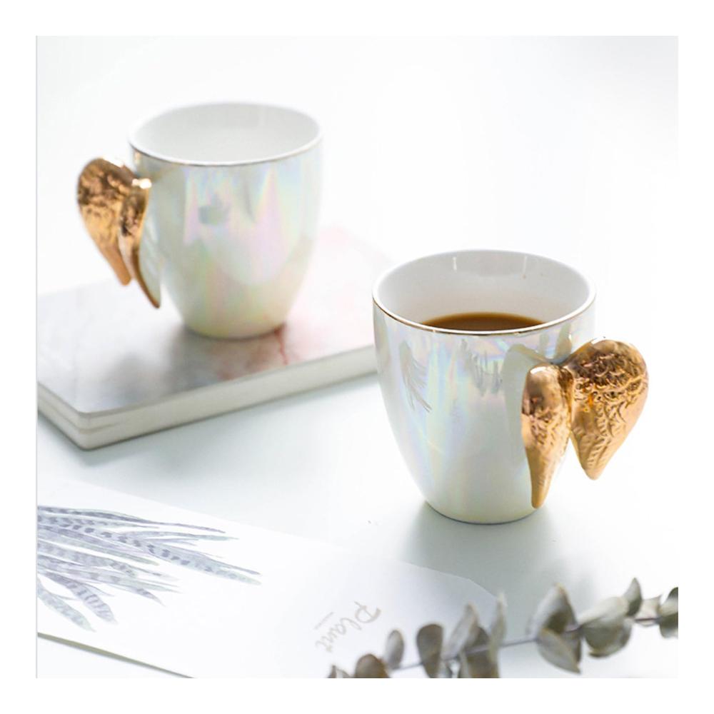 Engelsflügel Kaffeetasse – Keramikbecher mit goldenem geflügeltem Engel Henkel in Engelsflügelform 200 ml perlistisches Porzellan Glückstasse für Kaffeeliebhaber