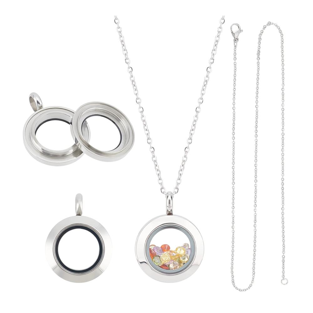 Elegante 2er-Set Schmuckanhänger Edelstahl Medaillon mit Kristallen doppelseitiger Rahmen & Glasbehälter. Perfekt für Schmuckherstellung! Inklusive 450 mm Halskette