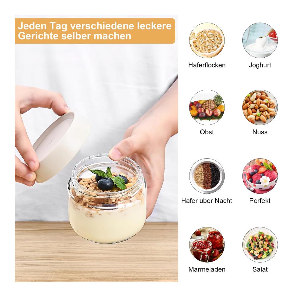 Einmachgläser - HENGBIRD 2er Set 300ml Overnight Oats Glasbehälter mit Luftdichtem Deckel | Vorratsdosen für Frühstück | Klein & Rund | Perfekt für Frische & Lagerung von Lebensmitteln