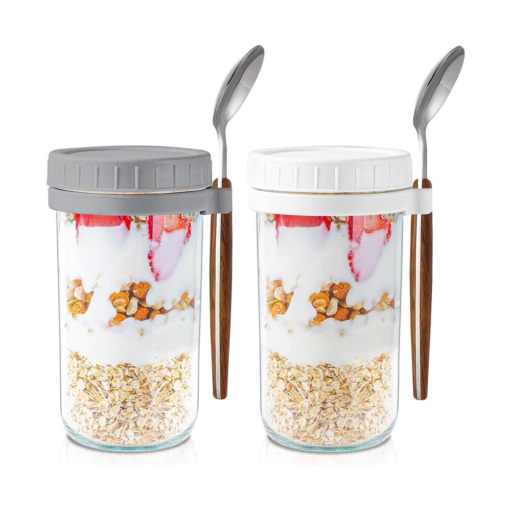 2er Set Glas-Frischhaltedosen für Haferflocken über Nacht - 680 ml Einmachgläser mit Deckel und Löffel inklusive. Praktischer Haferbehälter langlebig und ideal für gesunde