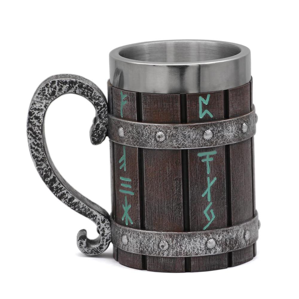 Entdecke den Wikingerstil mit GuoShuang VikingHolzfass Bierkrug | Edelstahl Becher mit Griff | 600 ml | Perfektes Geschenk für Wikingerfans