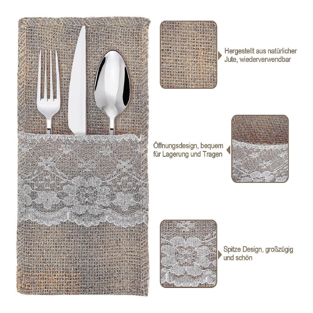 Organisieren Sie Ihre Tischkultur mit Stil 50 Bestecktaschen Jute 20x10cm – Sackleinen Besteckbeutel & -halter für Messer Gabeln und mehr. Vintage Serviettentaschen mit Spitze – Perfekt für Party Hochzeit Festival und Geburtstag. Erwecken Sie Ihre Tischdekoration