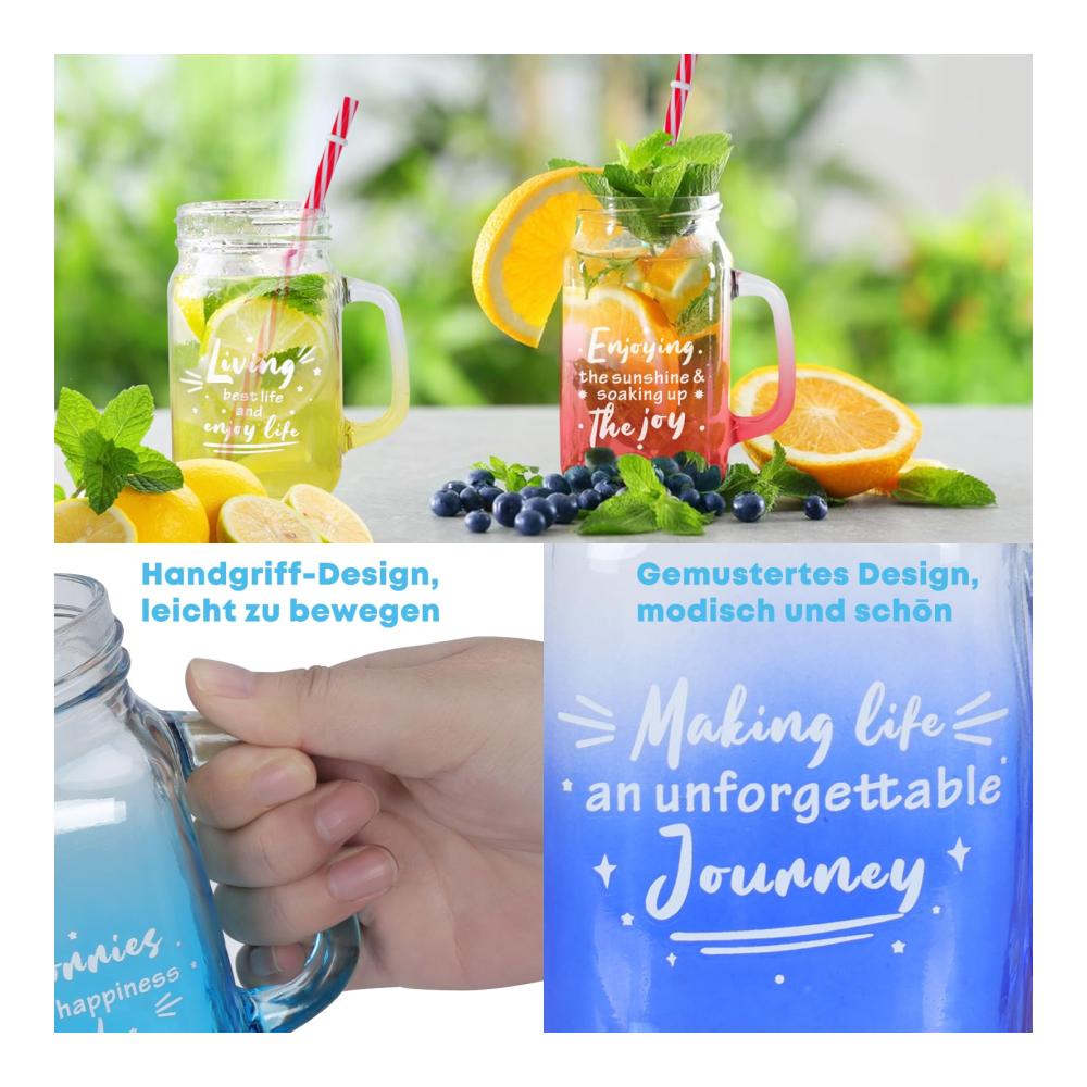 Genießen Sie stilvoll 6er Set Einmachgläser mit Deckel und Strohhalm - 450ml Mason Jar Gläser in buntem Design für erfrischende Getränke köstliche Marmeladen und praktische Haferflockenlagerung. Entdecken Sie vielseitige Nutzung und Qualität für Ihren Alltag