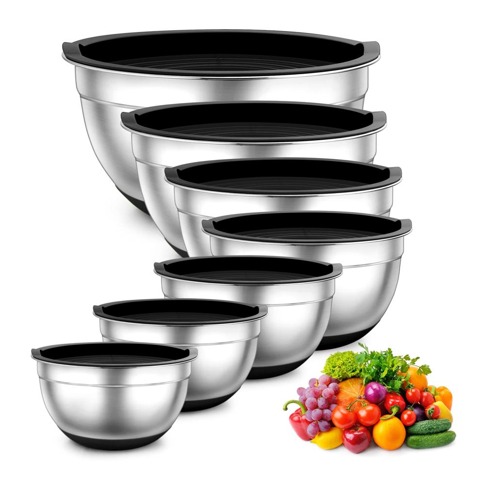 Premium Rührschüssel-Set aus Edelstahl mit luftdichten Deckeln und Silikonböden | Stapelbar & Spülmaschinenfest | 7-teilig in verschiedenen Größen | Praktisch für Küche und Backen | Schwarz